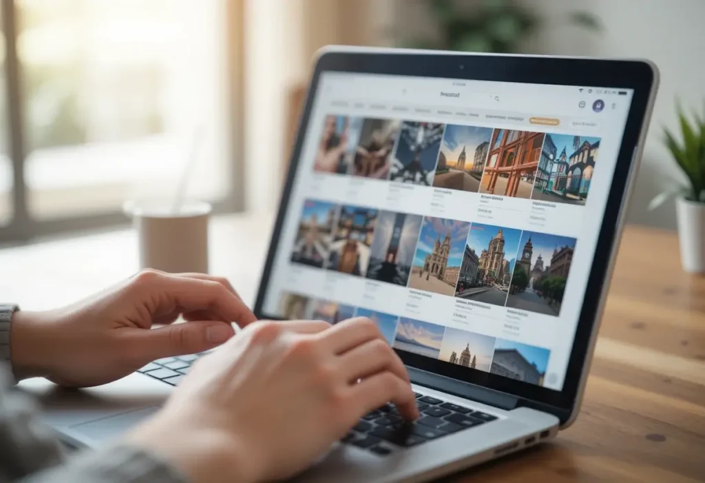 Person browsing inspirational images on a laptop for creating a self-care vision board, with a cozy workspace setting in the background.