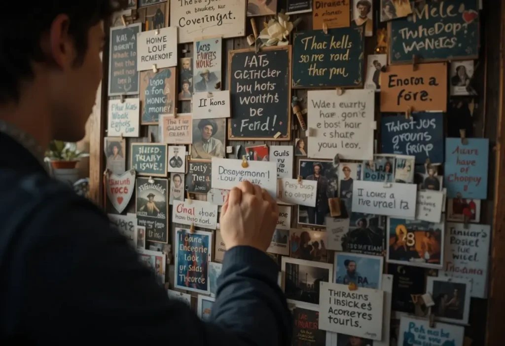 A person adds a note to a self-care vision board featuring numerous images, quotes, and handwritten messages.