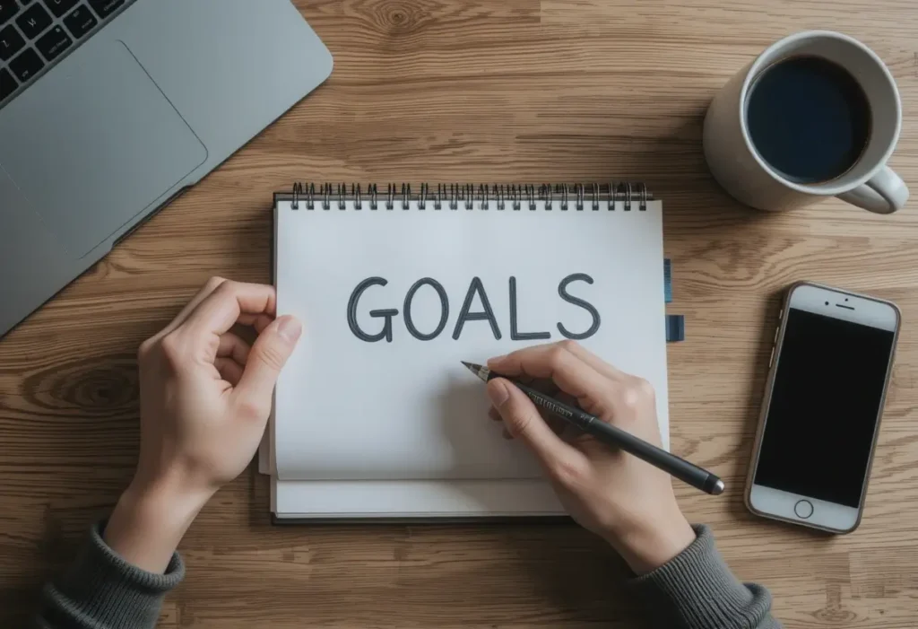 Person writing "GOALS" in a notebook as part of planning a self-care vision board, with a coffee cup, smartphone, and laptop on a wooden desk.