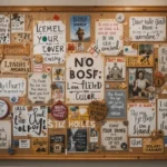 A colorful self-care vision board filled with inspirational quotes, artistic signs, and creative decorations pinned to a wooden frame.