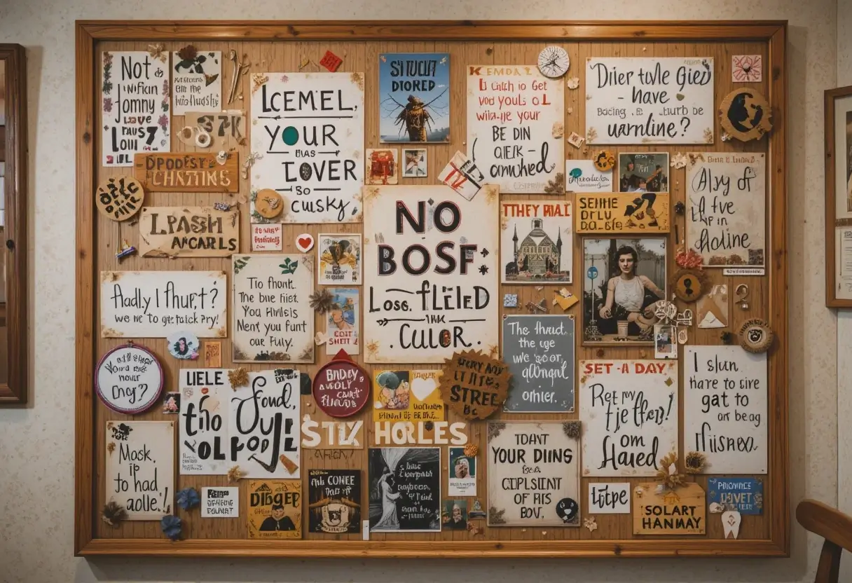 A colorful self-care vision board filled with inspirational quotes, artistic signs, and creative decorations pinned to a wooden frame.