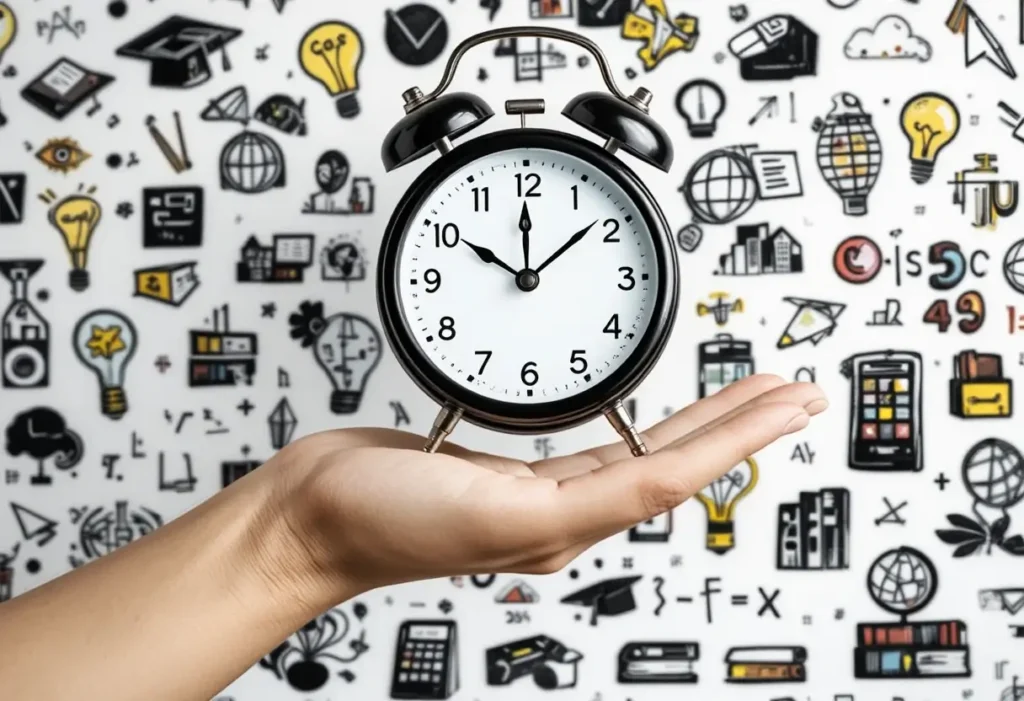 A hand holding a classic alarm clock with creative doodles in the background, illustrating how creativity works with time management and structured planning.