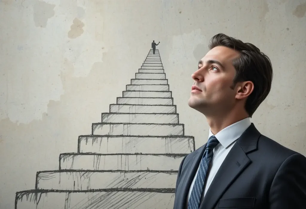 Business professional looking upward at a drawn staircase symbolizing the leadership ladder and career advancement.