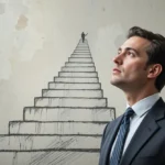 Business professional looking upward at a drawn staircase symbolizing the leadership ladder and career advancement.
