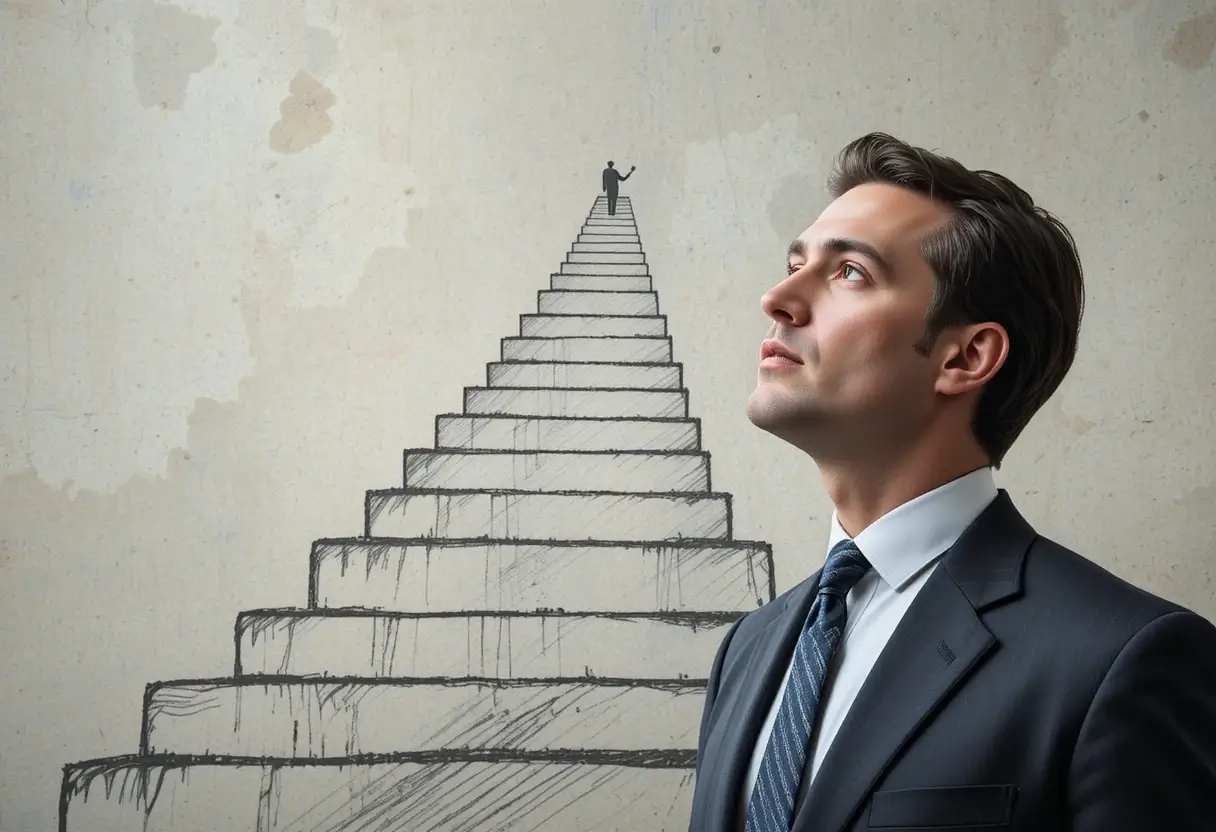 Business professional looking upward at a drawn staircase symbolizing the leadership ladder and career advancement.