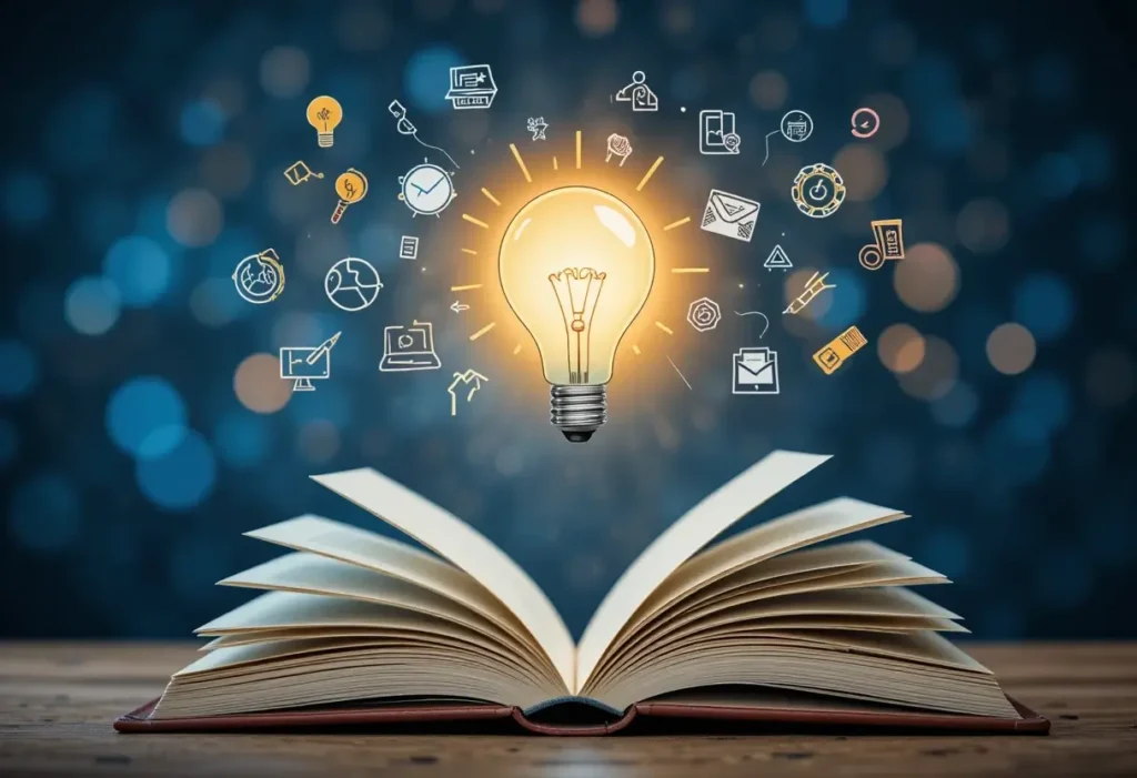 Open book with a glowing lightbulb rising from it, surrounded by skill-development icons, symbolizing learning and career growth up the leadership ladder.