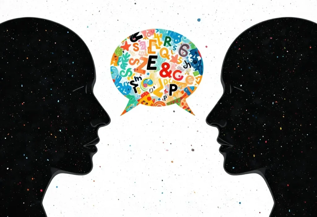 Two silhouetted heads facing each other with a colorful speech bubble between them, symbolizing communication skills essential for climbing the leadership ladder.