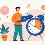Illustration of a person using a laptop beside a large clock, symbolizing how creativity works with time management and balancing ideas with structured schedules.