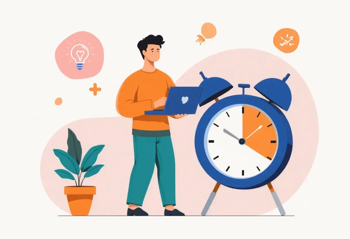 Illustration of a person using a laptop beside a large clock, symbolizing how creativity works with time management and balancing ideas with structured schedules.